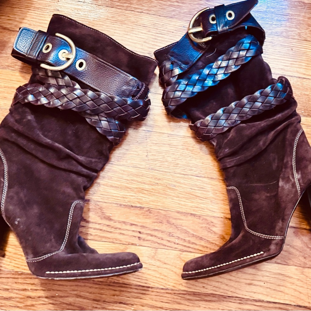 Coach Dark Brown Heeled Boots with Braided Straps